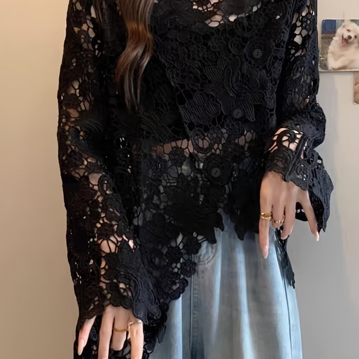 Elegant Black Lace Sleeveless Pullover Top with Intricate Cut-Out Design
