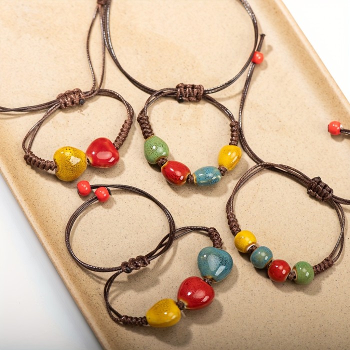 Bohemian Ceramic Heart Bracelet, Handcrafted Woven Adjustable Band, Ethnic Style, Colorful Patterned Beads, Unique Gift For Men And Women