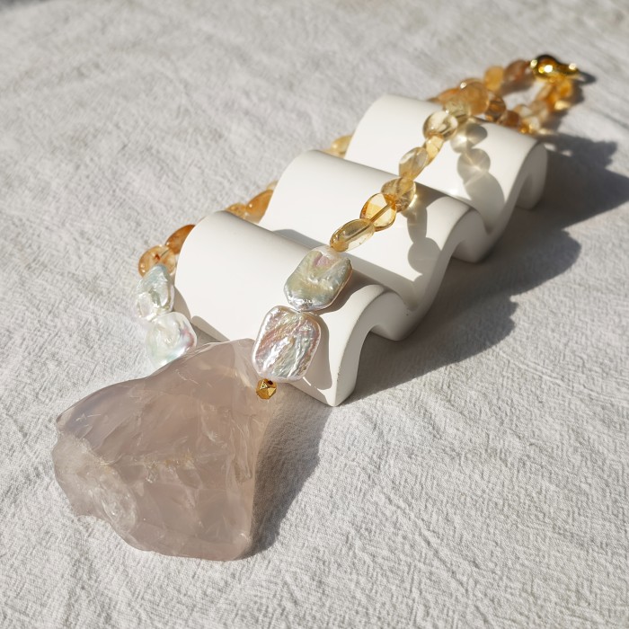 Natural Irregular Rose Quartz, Yellow Quartz & Freshwater Pearls Bohemian Necklace