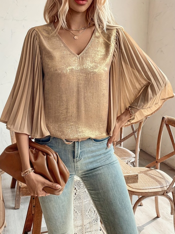 Women'S Elegant Golden V-Neck Pleated Long Sleeve Blouse