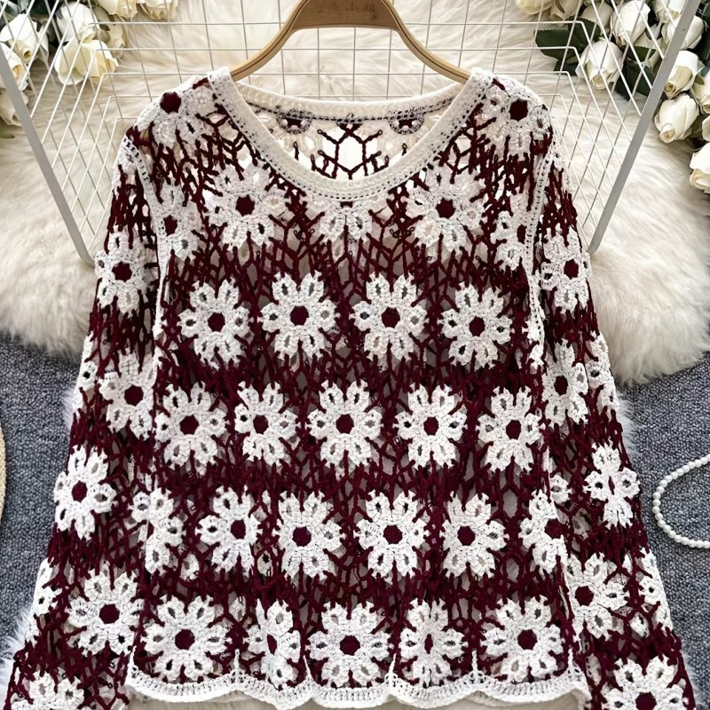 Women's Bohemian Floral Lace- Long Sleeve Maroon & White Contrast Round Neck Pullover T-Shirt