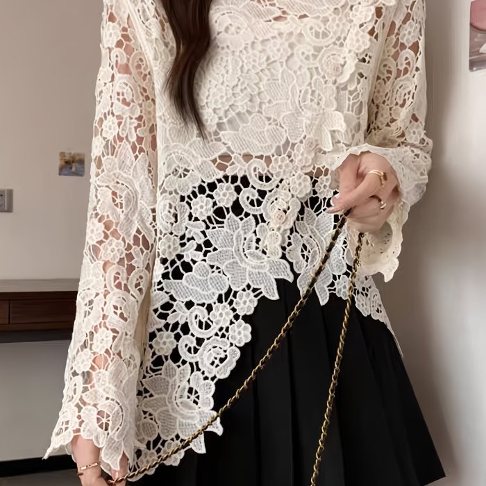 Elegant Black Lace Sleeveless Pullover Top with Intricate Cut-Out Design