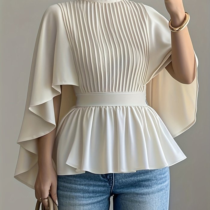 Elegant High Neck Casual Semi-Sheer Ruffled Sleeve Blouse