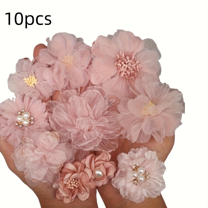 10pcs Pink Fabric Flowers 10pcs Pink Chiffon & Lace Fabric Flower Set | DIY Bridal Hair Accessories, Hat & Shoe Embellishments, Handmade Dress Decorations, Mixed Styles