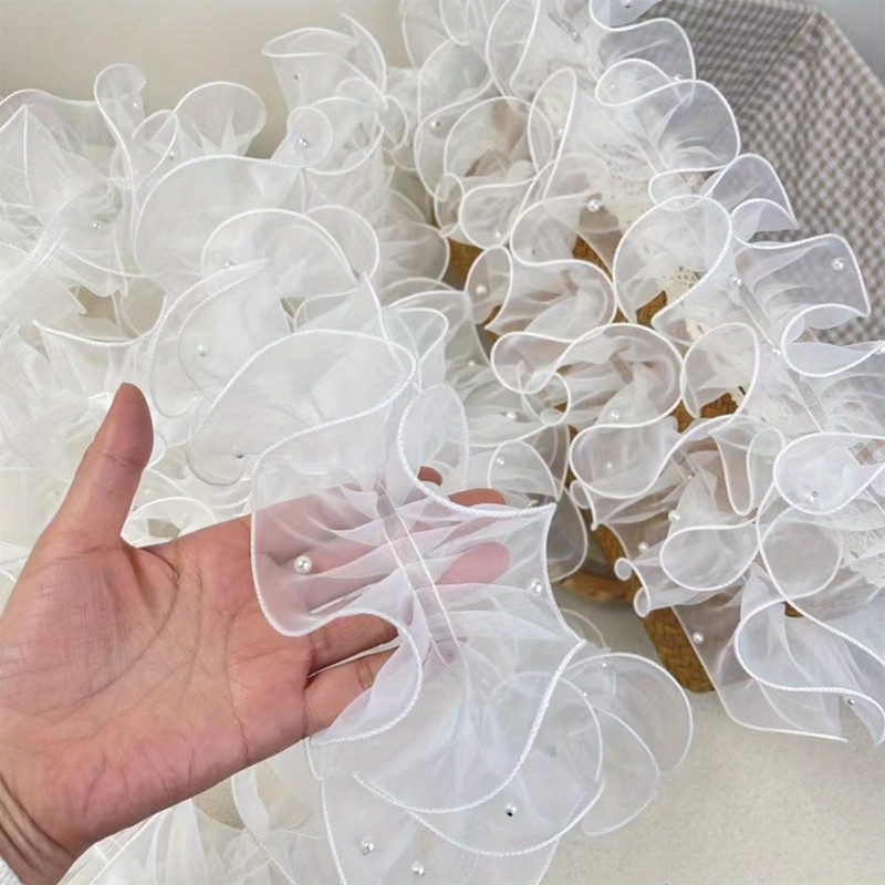 1Roll\u002F39.37inch4.72inch Dense Pleated Beaded Snow Yarn Lace Ribbon Floral Packaging Ribbon Bouquet Ribbon Shiny Pearl Wave Ribbon