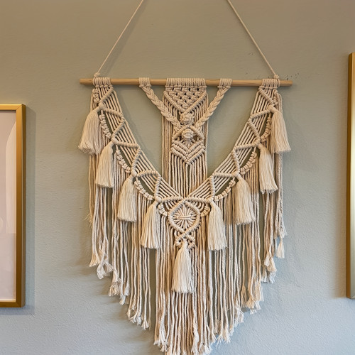 Bohemian Macrame Intricate Bohemian Macrame Wall Hanging Tapestry | Handmade, Cream Color, Long Fringe Details, Perfect for Living Room or Bedroom Decor, Boho Home Decor