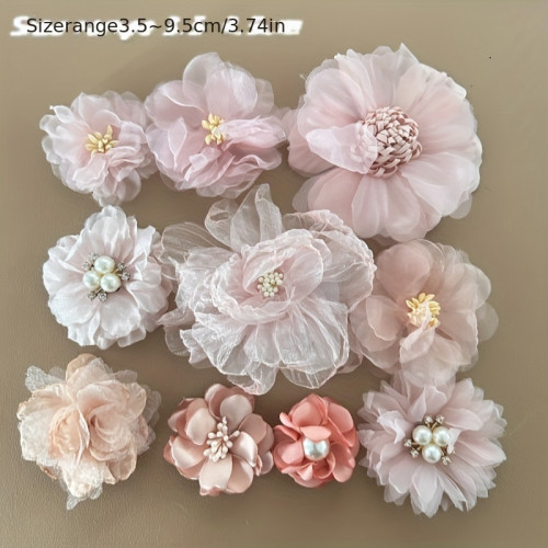 10pcs Pink Fabric Flowers 10pcs Pink Chiffon & Lace Fabric Flower Set | DIY Bridal Hair Accessories, Hat & Shoe Embellishments, Handmade Dress Decorations, Mixed Styles