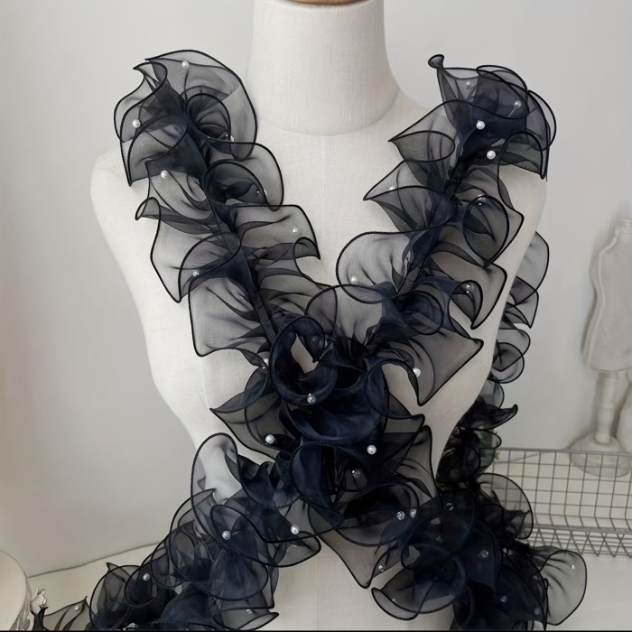 1Roll\u002F39.37inch4.72inch Dense Pleated Beaded Snow Yarn Lace Ribbon Floral Packaging Ribbon Bouquet Ribbon Shiny Pearl Wave Ribbon
