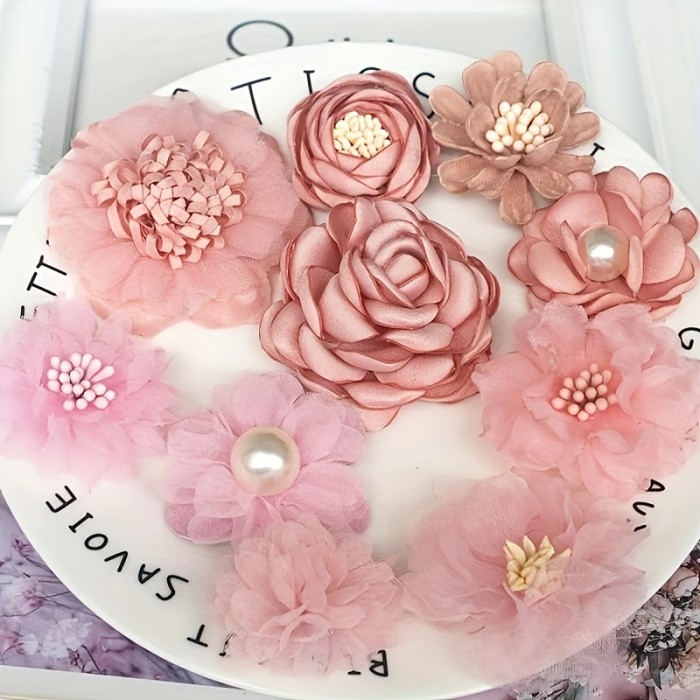 10pcs Pink Fabric Flowers 10pcs Pink Chiffon & Lace Fabric Flower Set | DIY Bridal Hair Accessories, Hat & Shoe Embellishments, Handmade Dress Decorations, Mixed Styles