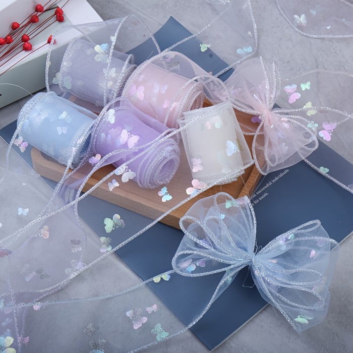 1 Package, 3yards, Width 5cm, Colorful Butterfly, Silvery Edge Mesh, Silk Ribbon, Handmade Bow Material, DIY Self-made Hair Clip Accessories, Decorative Gifts, Flower Bouquet Packaging Materials