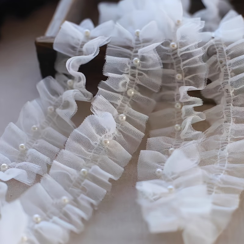 Pearl Embellished Ruffled Lace Trim, 5cm Wide Double Layer Polyester Ribbon for DIY Crafts, Clothing, Curtains, and Home Decor - 1 Roll\u002F2 Yards
