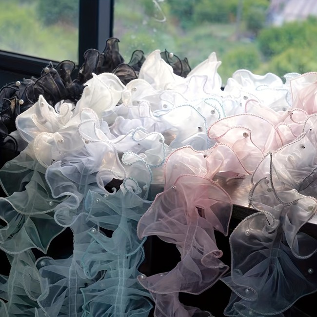 1Roll\u002F39.37inch4.72inch Dense Pleated Beaded Snow Yarn Lace Ribbon Floral Packaging Ribbon Bouquet Ribbon Shiny Pearl Wave Ribbon