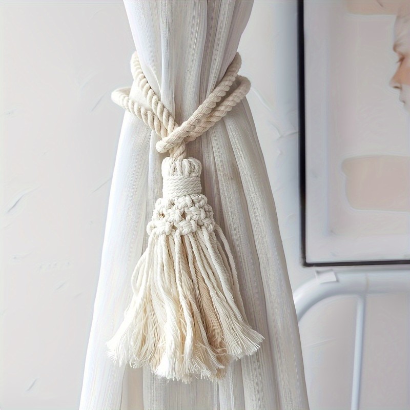 2pcs Hand-woven Tassel Curtain Binding Rope with Pendant, Tieback Buckle, and Holdback for Bedroom Living Room Home Decor
