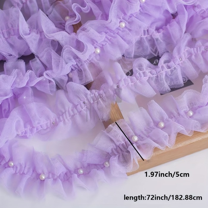 Pearl Embellished Ruffled Lace Trim, 5cm Wide Double Layer Polyester Ribbon for DIY Crafts, Clothing, Curtains, and Home Decor - 1 Roll\u002F2 Yards