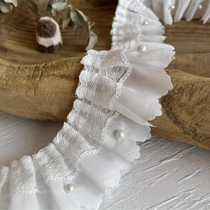 1roll\u002F2yards 5.5cm Wide White Nail Beads Lace Lace Accessories Double Layer Pearl Decoration Clothing Skirt Swing Handmade Diy Chiffon Pleated Cloth Strips Eid Al-Adha Mubarak