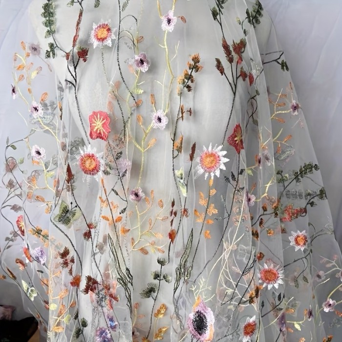 Elegant White Floral Embroidered Lace Fabric, 51-Inch Pre-Cut Tulle for Dresses & Curtain Overlays - Hand Wash Only