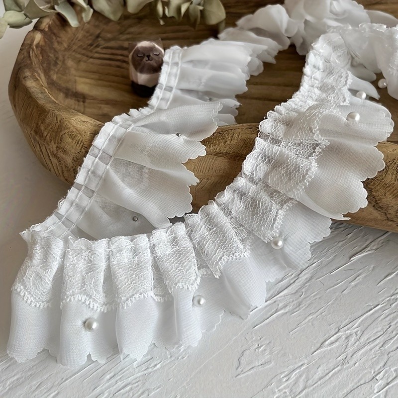 1roll\u002F2yards 5.5cm Wide White Nail Beads Lace Lace Accessories Double Layer Pearl Decoration Clothing Skirt Swing Handmade Diy Chiffon Pleated Cloth Strips Eid Al-Adha Mubarak