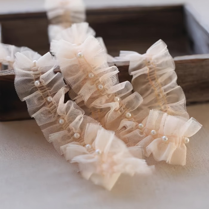 Pearl Embellished Ruffled Lace Trim, 5cm Wide Double Layer Polyester Ribbon for DIY Crafts, Clothing, Curtains, and Home Decor - 1 Roll\u002F2 Yards