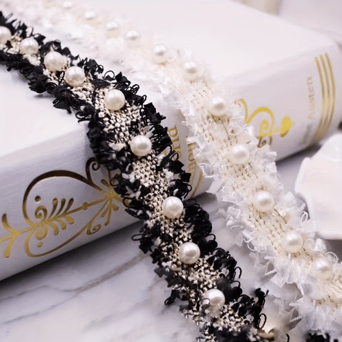 Chic Black & White Pearl Beaded Lace Trim - 2 Yards x 3cm Wide, Handcrafted for DIY Fashion, Headwear, and Accessory Embellishments - For Crafters & DIY Enthusiasts - Perfect Gift for Sewing & Crafting Lovers