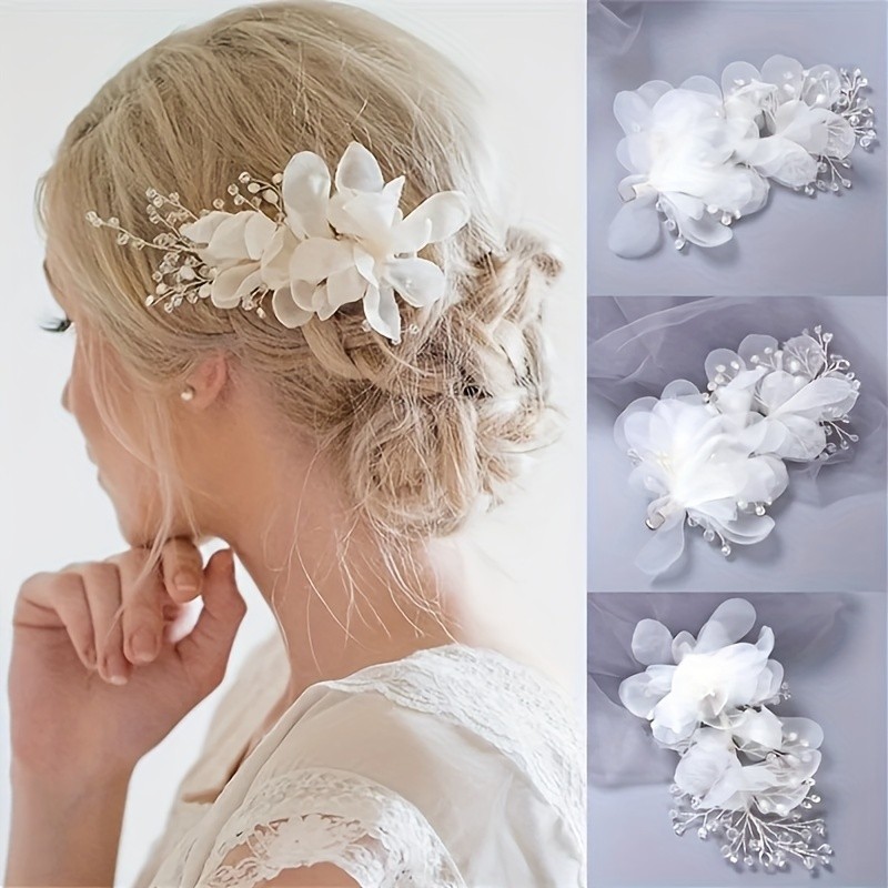 1pc Elegant Handmade White Floral Hair Clip - Intricate Floral Design with Pearl Accents, Perfect for Weddings, Parties & Formal Events, Hair Accessories for Weddings