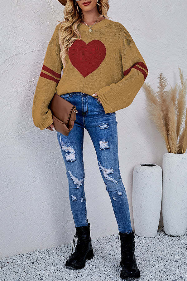 Contrast Color Round Neck Pullover Love Heart Knitted Long Sleeved Sweater