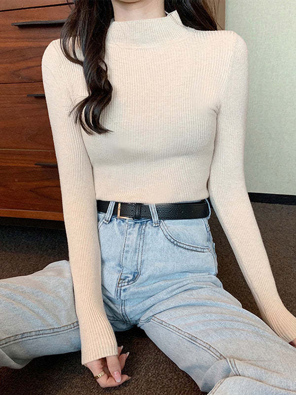 Casual Skinny Long Sleeves Solid Color High-Neck Sweater Tops