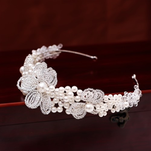 Elegant Vintage Baroque Style Bridal Tiara with Imitation Pearls - Alloy Crown Headband for Weddings, Banquets, and Formal Events, Bohemian Design, Single Piece, Wedding Headpiece | Baroque Design | Pearl Embellishments, Wedding Accessories