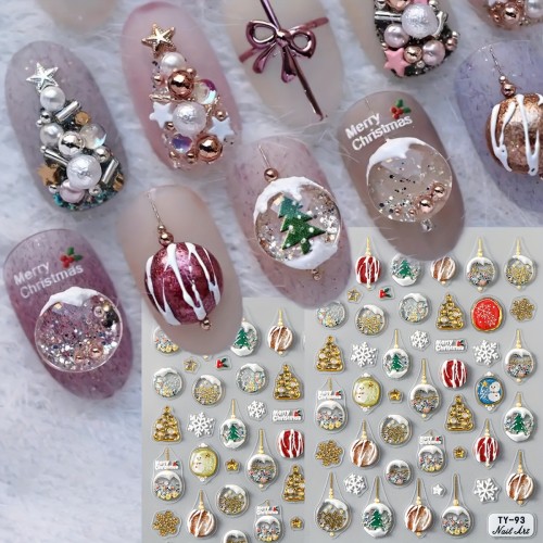 Winter Gold Crystal Balls 5D Embossed Nail Sticker Christmas Tree White Snowflake Xmas Nail Art Decoration Slider New Year Manicure Decoration Christmas Festive Nail Supplies