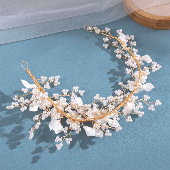 Elegant Floral Ceramic Hair Tie with Pearl Accents - Sparkling White Flowers & Golden Accents, Durable Headband for Women, Perfect for Parties & Formal Events, Hair Accessories, Party Hair Accessory, Elegant Hair Accessory, Sparkling Flower Design