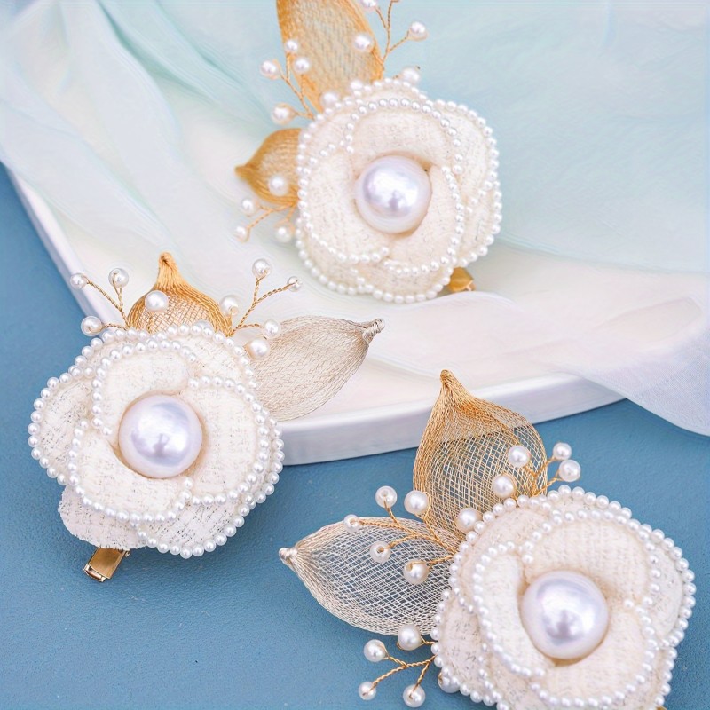 3pcs Elegant Handmade Pearl Flower Hair Clips with Golden Leaf Accents - White Floral Bridal Wedding Hair Accessories for Women, Hand Wash Only, Elegant Event Accessory | Bridal Elegance | Intricate Craftsmanship