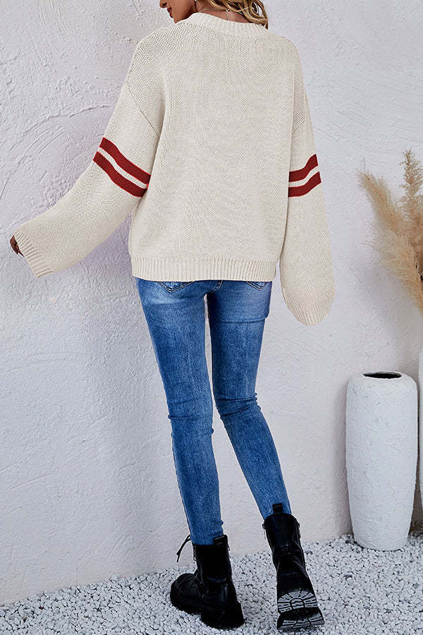 Contrast Color Round Neck Pullover Love Heart Knitted Long Sleeved Sweater