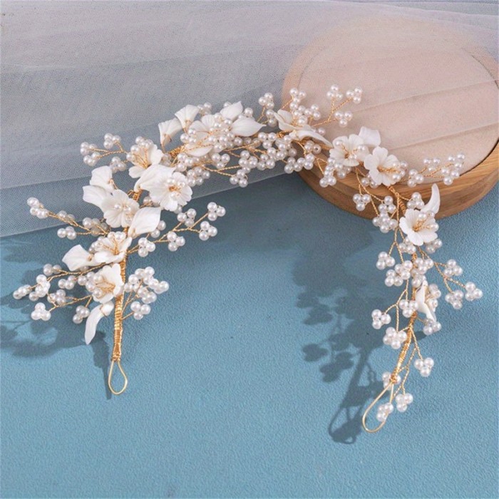 Elegant Floral Ceramic Hair Tie with Pearl Accents - Sparkling White Flowers & Golden Accents, Durable Headband for Women, Perfect for Parties & Formal Events, Hair Accessories, Party Hair Accessory, Elegant Hair Accessory, Sparkling Flower Design