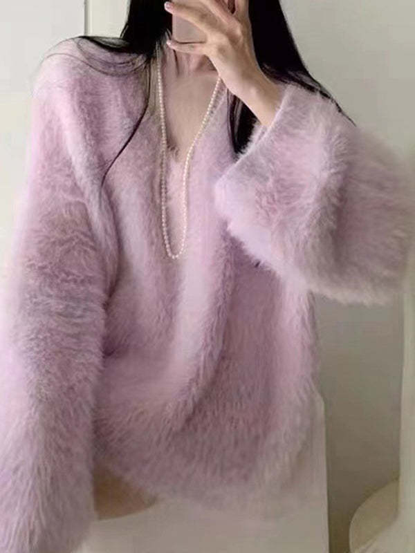 Original Creation Long Sleeves Loose Solid Color V-Neck Sweater Tops