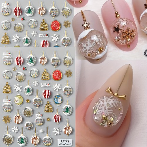 Festive 5D Embossed Christmas Nail Art Stickers - Golden Crystal Ball, Snowflake & Tree Designs | Self-Adhesive, Glossy Finish for DIY Holiday Manicure, Best for Christmas