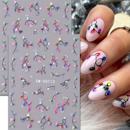 2pcs 5D Embossed Christmas Light Nail Art Stickers - Self-Adhesive Glitter Holiday Nail Decals with Neon & Pastel Colors, Disposable Plastic Nail Tips for Festive Manicure Supplies, Nail Decorations, Glittery Finish