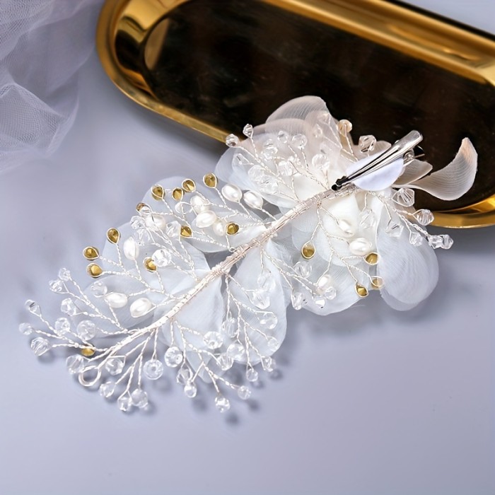 1pc Elegant Handmade White Floral Hair Clip - Intricate Floral Design with Pearl Accents, Perfect for Weddings, Parties & Formal Events, Hair Accessories for Weddings