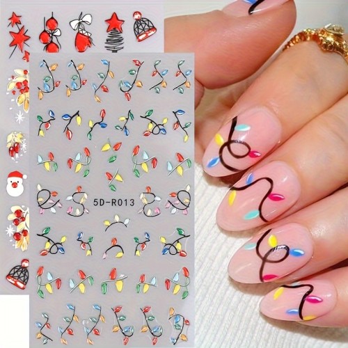 1 Sheet 5D Embossed Christmas Nail Art Stickers - Santa Claus, Reindeer, Neon Lights & Snowflakes Self-Adhesive Nail Decals for DIY Holiday Manicures, Festive Nail Art Decorations, Perfect Gift for Christmas
