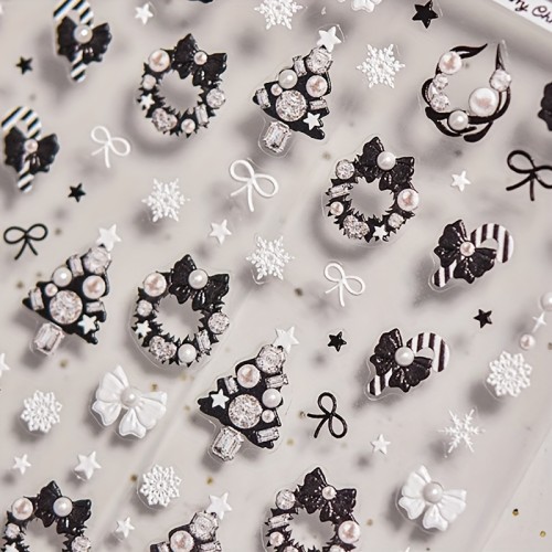 1pc 5D Embossed Christmas Nail Sticker - Black & White Rhinestone Tree, Wreath, Bow, Snowflake Design - Self-Adhesive DIY Holiday Decoration for Women & s - Festive Nail Art Gift, Christmas Nail Stickers, Seasonal Manicure, Elegant Embellishments, Durable Adhesive, Beauty Enthusiasts, Best for Christmas