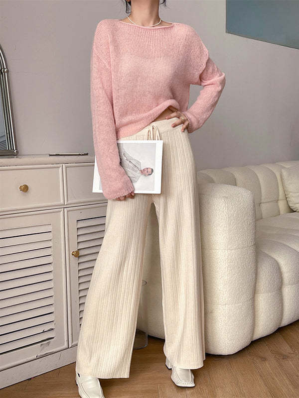 Gentle Mohair Knitted Loose Long Sleeves Solid Color Thin Sweater Tops