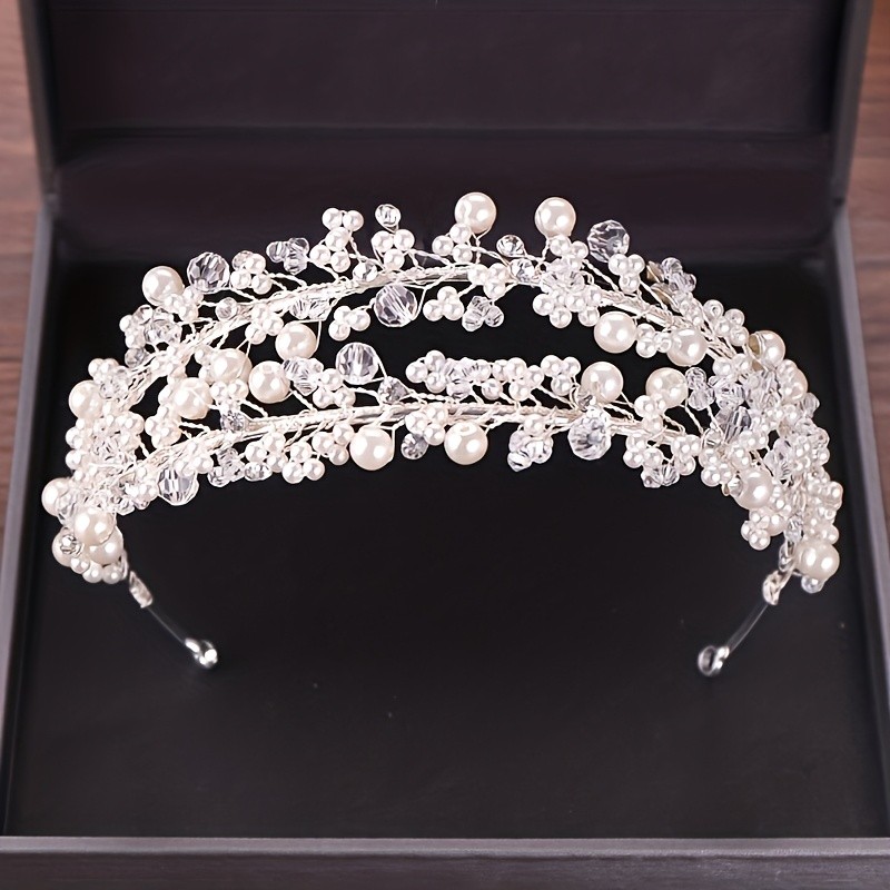 Elegant Double-Row Crystal Headband with Faux Pearls - Sparkling Rhinestone Tiara for Princess Parties, Birthdays, and Special Occasions - White, Handmade Accessory, Cute Headbands