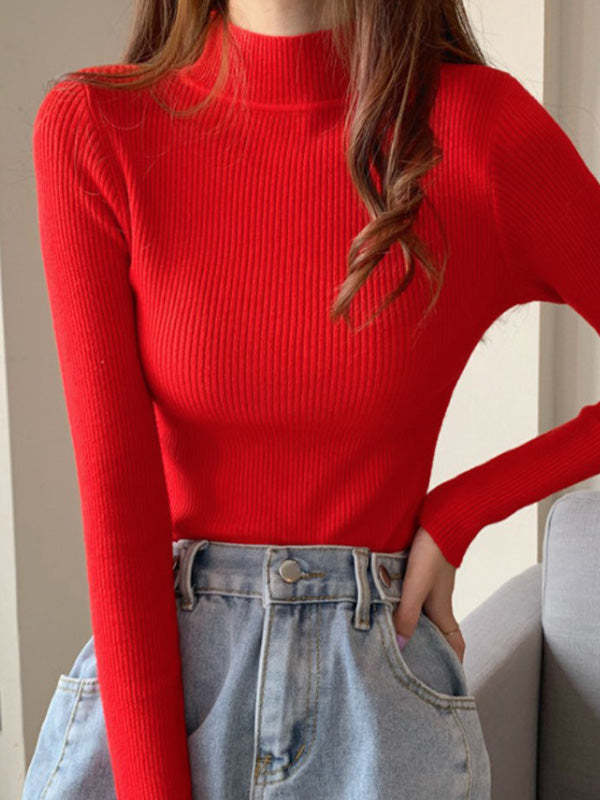Casual Skinny Long Sleeves Solid Color High-Neck Sweater Tops