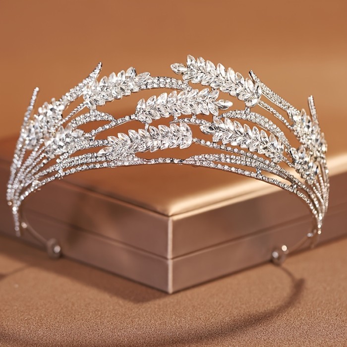 1pc Romantic Elegant Wheat Crown Bridal Hair Tiara - Sparkling Leaf Design Wedding Accessory for Brides, Bridesmaids, Prom, Special Occasions, Intricate Rhinestone Setting
