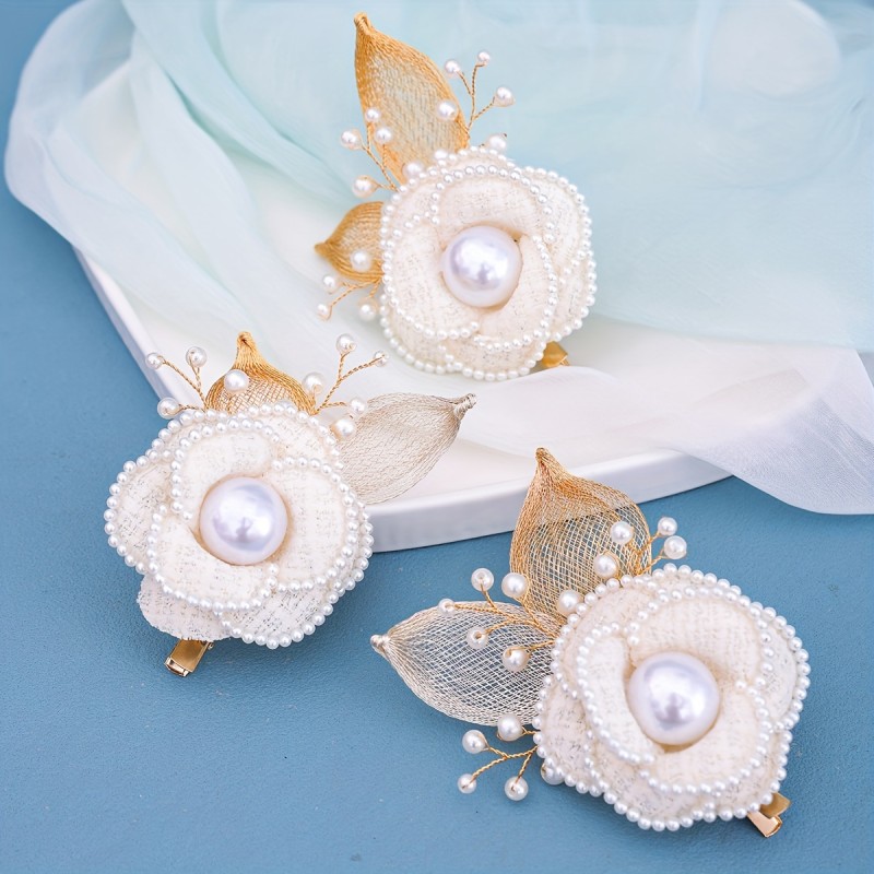 3pcs Elegant Handmade Pearl Flower Hair Clips with Golden Leaf Accents - White Floral Bridal Wedding Hair Accessories for Women, Hand Wash Only, Elegant Event Accessory | Bridal Elegance | Intricate Craftsmanship