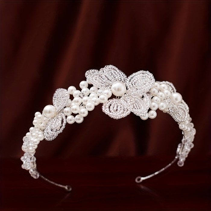 Elegant Vintage Baroque Style Bridal Tiara with Imitation Pearls - Alloy Crown Headband for Weddings, Banquets, and Formal Events, Bohemian Design, Single Piece, Wedding Headpiece | Baroque Design | Pearl Embellishments, Wedding Accessories
