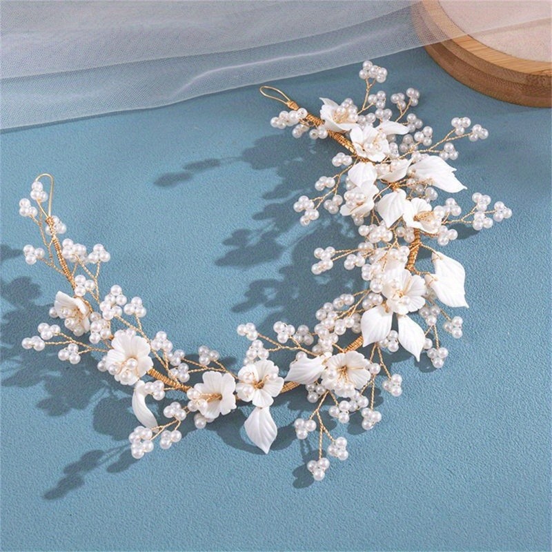 Elegant Floral Ceramic Hair Tie with Pearl Accents - Sparkling White Flowers & Golden Accents, Durable Headband for Women, Perfect for Parties & Formal Events, Hair Accessories, Party Hair Accessory, Elegant Hair Accessory, Sparkling Flower Design