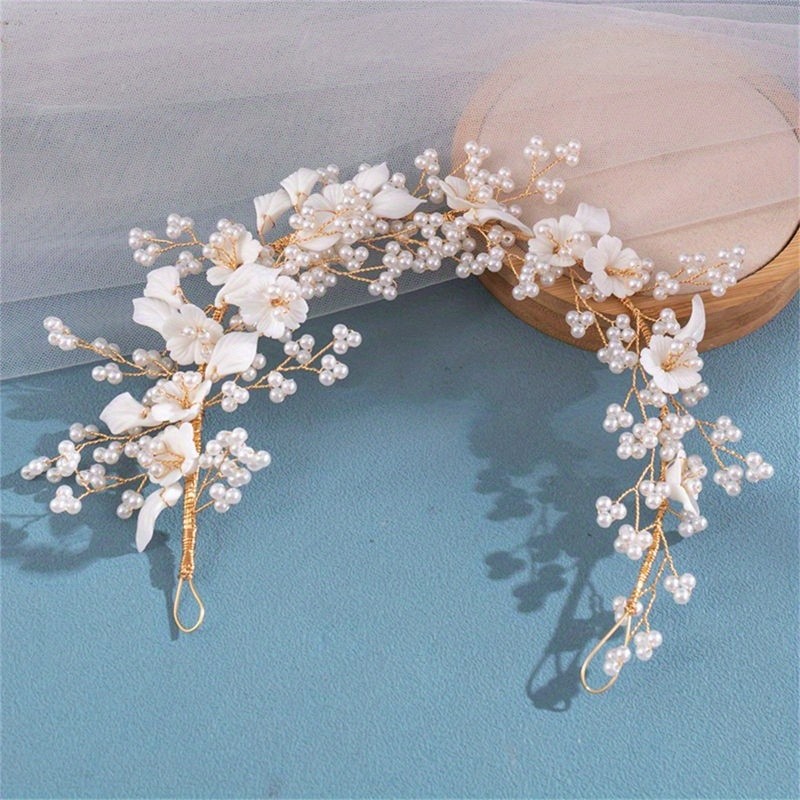 Elegant Floral Ceramic Hair Tie with Pearl Accents - Sparkling White Flowers & Golden Accents, Durable Headband for Women, Perfect for Parties & Formal Events, Hair Accessories, Party Hair Accessory, Elegant Hair Accessory, Sparkling Flower Design