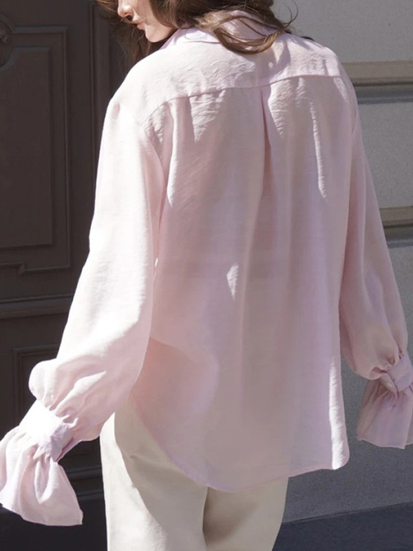 Split-Joint Solid Color Pleated Puff Sleeves Loose Lapel Blouses&shirts Tops