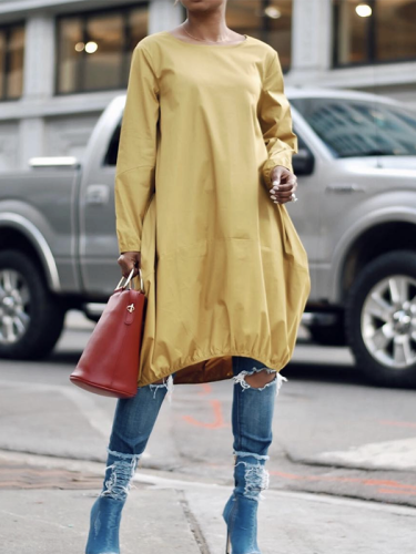 Solid Color Long Sleeves Round-Neck Midi Dresses