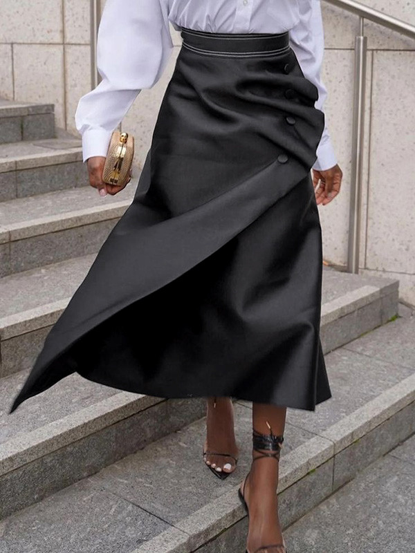 Split-Joint Pleated Buttoned Asymmetric Loose A-Line Skirts