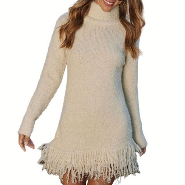 Women's Elegant Chunky Slim Fit Long Sleeve High Neck Mini Sweater Dress